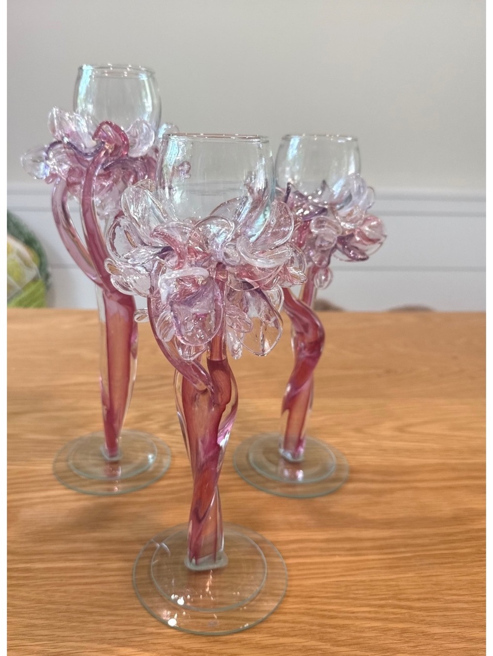 Set of 3 Handblown Glass Candle Holders with Pink Floral Design